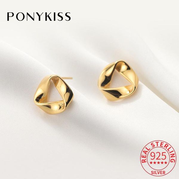 

stud ponykiss classic 925 sterling silver geometry glossy hollow earrings for women party delicate fine jewelry accessory, Golden;silver