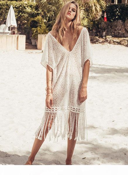 

2020 bikini cover-ups women deep v-neck fringed summer beach dress swimwear beachwear hollow crochet lace sunscreen swimsuit cover up, White;black