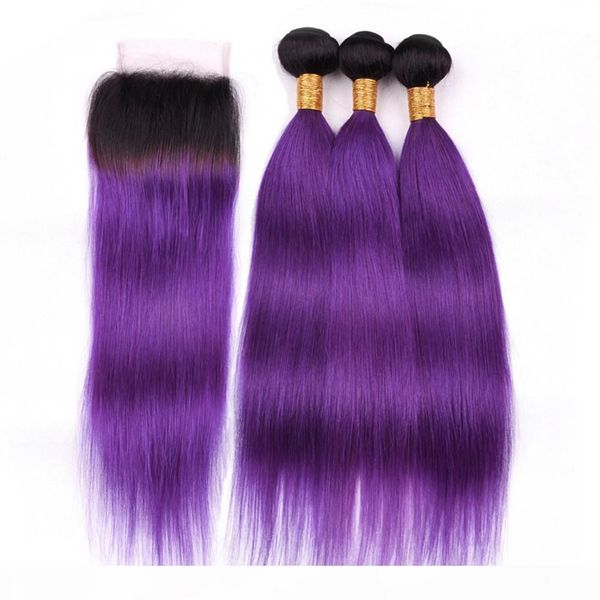 

#1b purple ombre brazilian human hair straight weave bundles with closure ombre purple virgin hair 3bundles dark roots with 4x4 lace closure, Black;brown