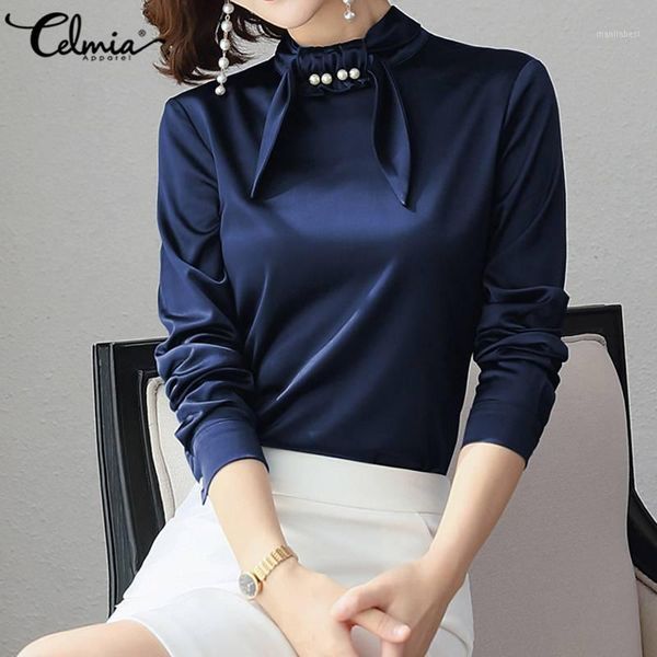 

women autumn and blouses 2020 celmia long sleeve slik satin shirts female bow collar pearl stylish blusas clothes plus size1, White