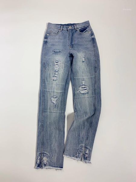 

women pants all-match straight hole ripped blue cropped pants1