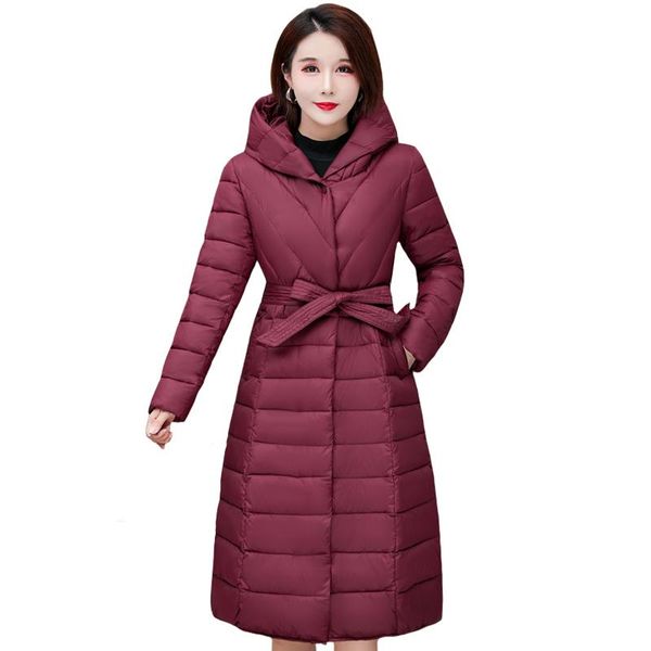 

women's down & parkas 2021 winter jacket women hooded cotton padded long coat female solid color warm plus size parks with belt outwear, Black