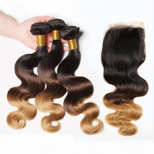 

virgin malaysian 1b 4 27 honey blonde ombre human hair with lace closure 4pcs lot malaysian body wave 3bundles human hair with closure, Black