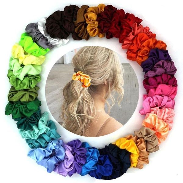 new60 Цвета Дешевые Детские твердые девушки атласные полоса Scrunchies Hairbands волосы Дети кольцо хвостик Rope головной убор Дети Аксессуары для волос