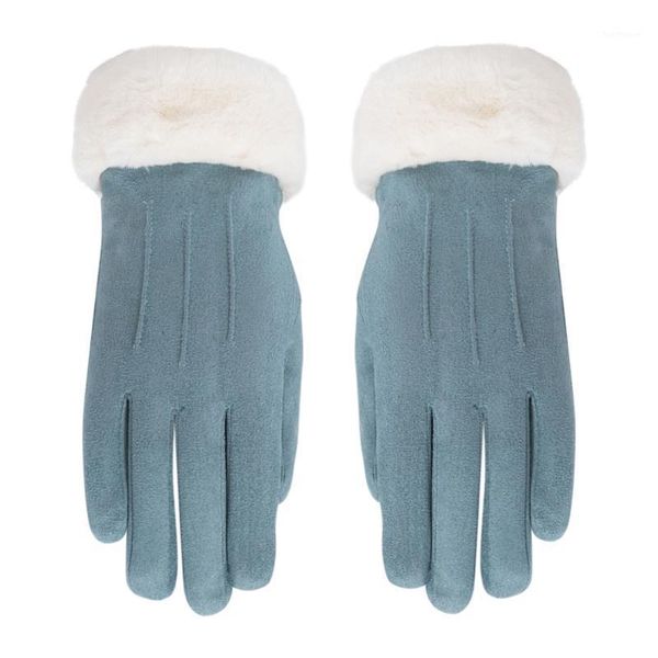 

women plus thick velvet plush wrist simple suede leather touch screen driving gloves winter female warm sport cycling mitten1, Blue;gray