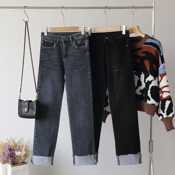 

omalai] korean new women's fashion high waist straight tube inside fleece jeans pants 5090, Blue