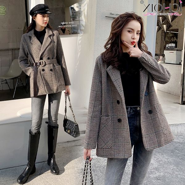 

ichoix houndstooth slim waist woolen female 2021 winter fashion bralazer korean style thick women's autumn suit coat, Black