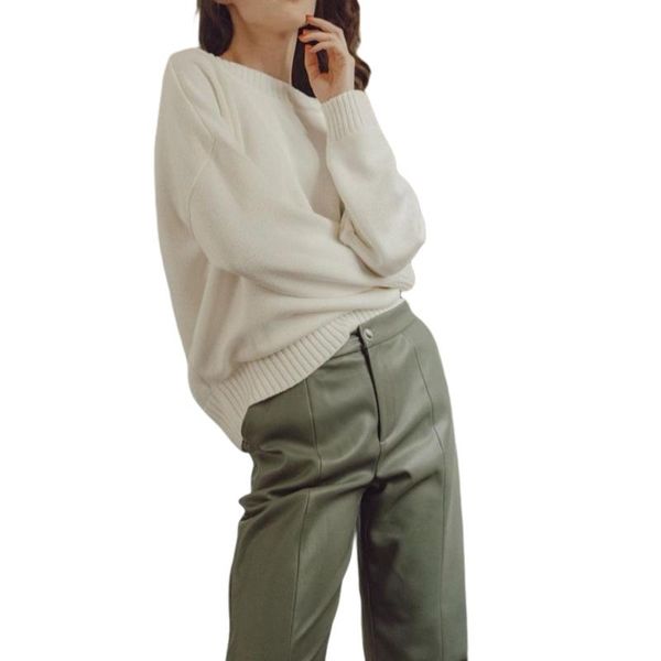 

women's polos style women long-sleeved sweater casual loose v-neck clothing girl's solid color round neck and comfortable, White