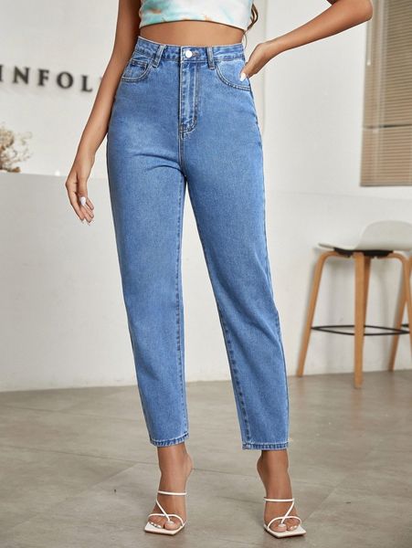 

solid high waist mom jeans n4bu#, Blue