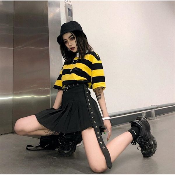 

summer harajuku solid color high waist skirt love heart buckle belt pleated skirt y200326, Black