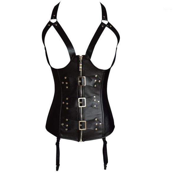 

black faux leather open bust halter bustiers corset buckle zipper corpete waist trainer corset women corselet 82201, Black;white