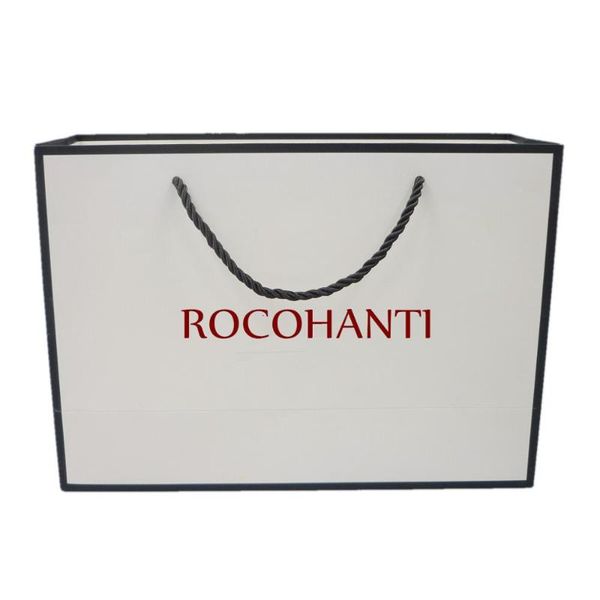 

100x customised logo printed white paperboard black frame paper gift bag with thick 3 strands rope handle