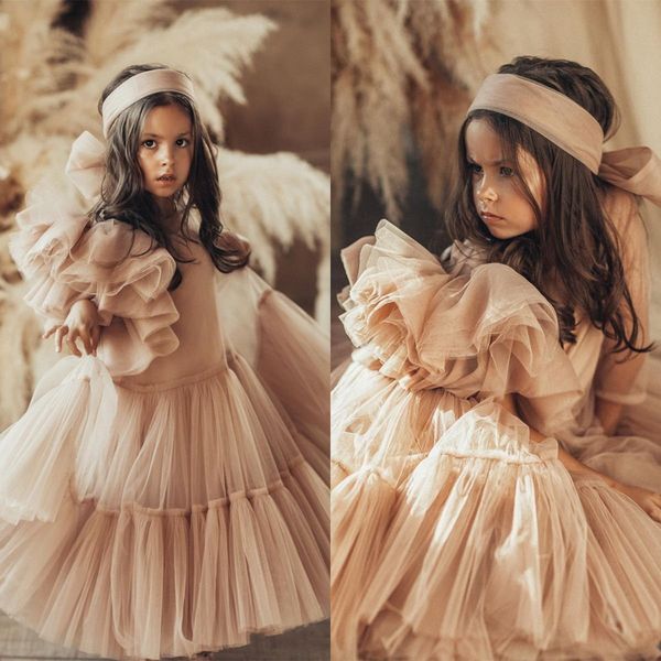 

champagne boho flower girl dresses ruffles tiered skirts a line kids gowns for wedding birthday first holy communion dress, White;blue