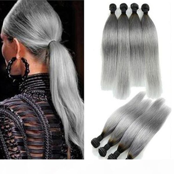 

ombre grey human hair extensions two tone 1b grey brazilian peruvian malaysian indian cambodian straight grey virgin hair bundles, Black