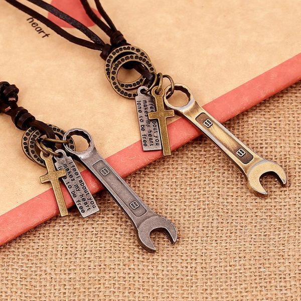 

alloy wrench pendant necklace long chain vintage leather rope necklace sweater chain fashion jewelry accessories, Silver