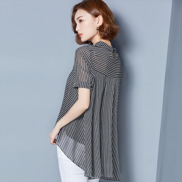 

women striped blouse 2021 summer korean elegant ladies chiffon shirt harajuku plus size irregular blouses blusas mujer, White