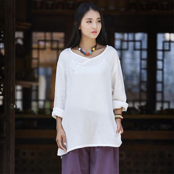 

autumn cotton linen shirt women v neck long sleeve comfortable soft blouse femme robe vinatge blusas plus size 6xl 7xl 8xl, White