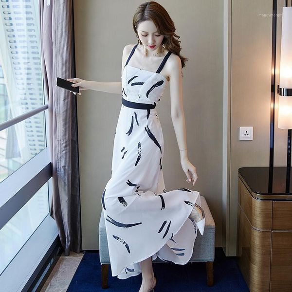 

casual dresses floral suspenders dress women's 2021 summer sleeveless white print temperament women1, Black;gray