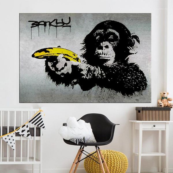 

canvas art banksy graffiti painting chimpanzee holding a banana wall pictures for living room home decor printed1