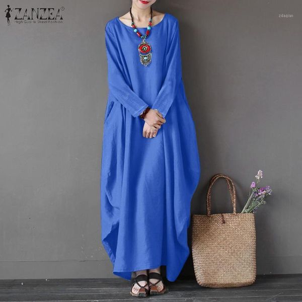 

casual dresses plus size women's sundress zanzea 2021 fashion cotton maxi dress spring long sleeve tunic vestido female baggy robe 5xl, Black;gray