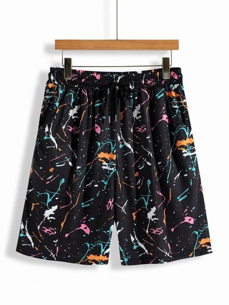 

men random splatter paint drawstring shorts f88e#, Black