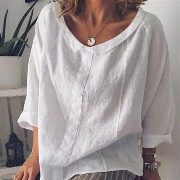 

plain cotton linen long sleeve womens shirts peter pan collar loose plus size blouses 2021 summer casual loose shirt top, White