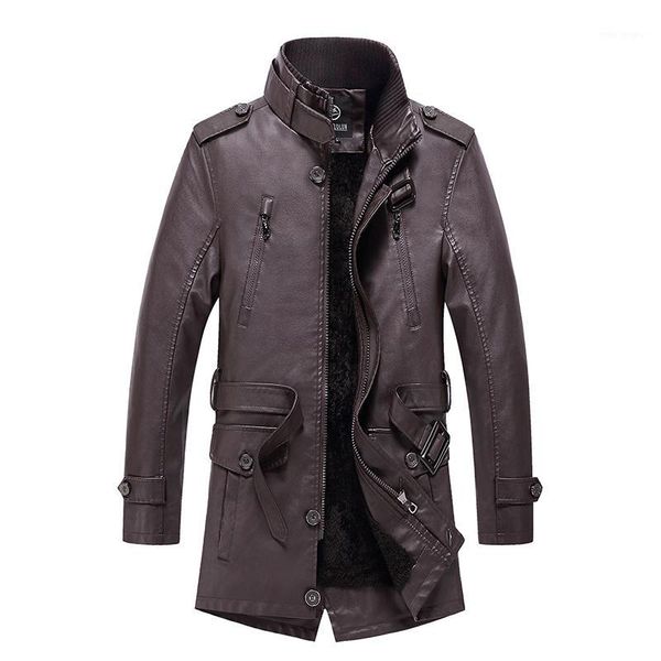 

autumn and winter men's new england long plus velvet leather jacket1, Black