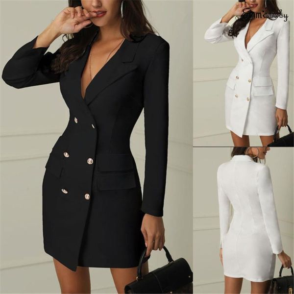 

new fashion womens double breasted pocket suit blazer spring autumn women long jackets elegant long sleeve blazer outerwear1, White;black