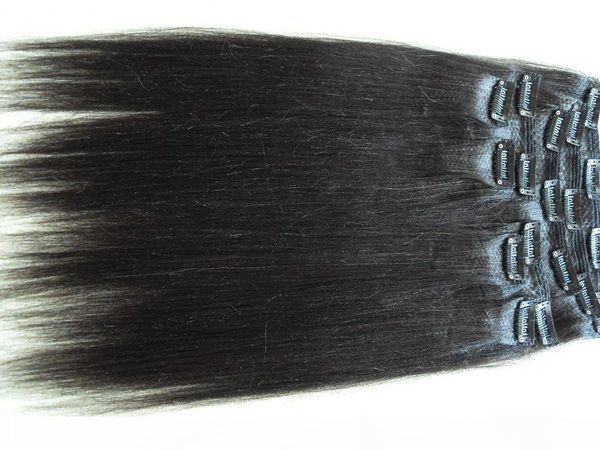 

brazilian human clips in hair extensions straight light yaki hair weft natural black color 100g one bundle 9pieces one set, Black;brown