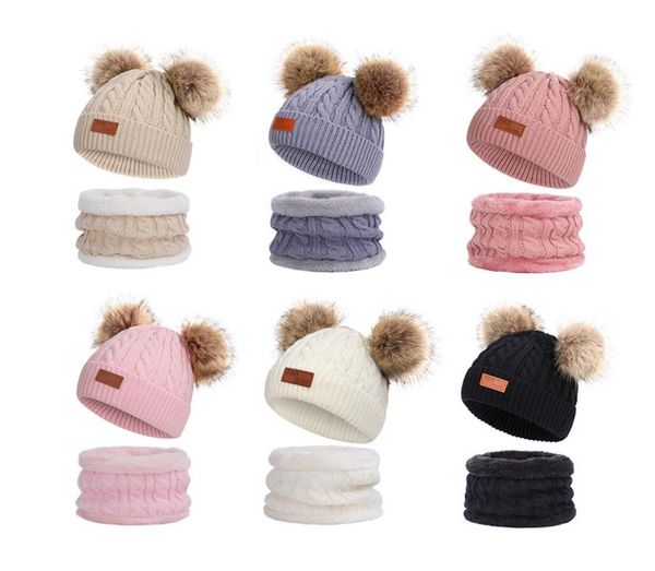 

kids winter beanie hat scarf set for boys girls knitted warm fleece lined skiing cap lovely two double pom pom children beanies 2-8y, Blue;gray