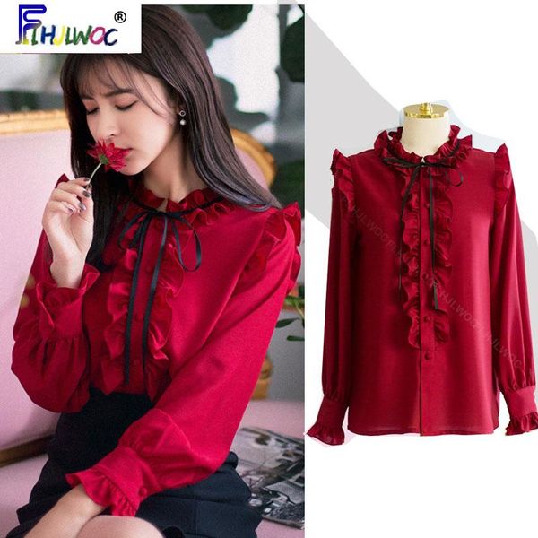 

2021 spring women's cute sweet vintage ruffled button elegant formal shirts blouses white red 1002