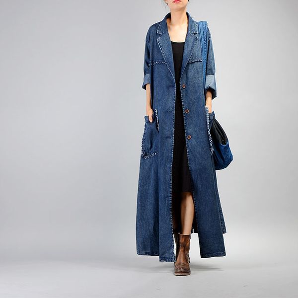 

new vintage denim long coat for women plus size loose tassels outerwear long sleeve dresses single-breasted 201030, Tan;black