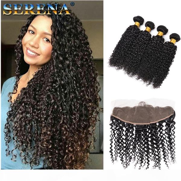 

8a indian deep curly hair with lace frontal closure 5pcs lot ear to ear lace frontal and bundles human hair bundles 4 bundles with closure, Black;brown