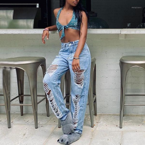 

fashion womens straight hole bleached pocket high waist jeans casual denim pants slim fit denim scratched jeans1, Blue