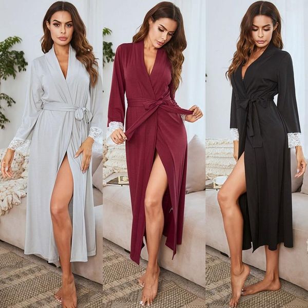 

ladies new solid color cotton bathrobe lace edge plus size pajamas night gown casual home wear, Black;red