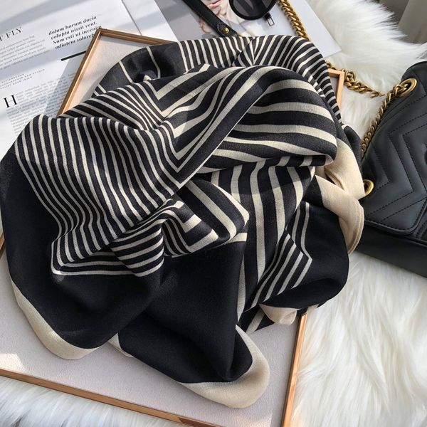 

прохладный ins геометрический хлопок белье шарф женщин осень зима корейской версии универсальный черно-белой полосой длинной шалью, Blue;gray