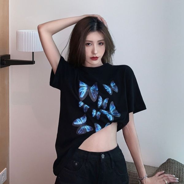 

2020 summer korean chic black personality print loose casual round neck short sleeve t-shirt for butterfly butterflyt-shirt butterfly women, White