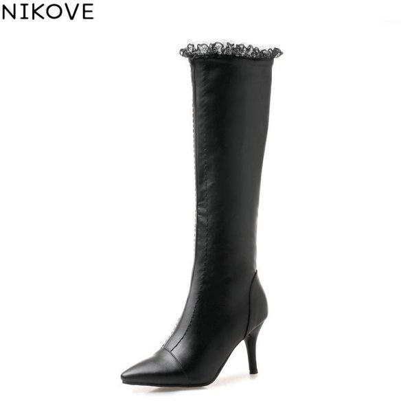 

boots nikove 2021 women shoes thin high heels short plush winter knee pointed toe zipper autumn size 34-431, Black