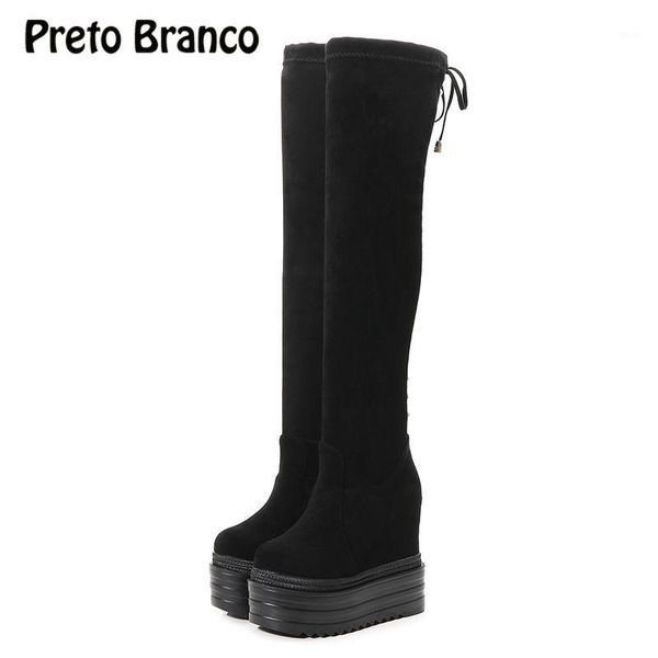 

boots preto branco slope knee female autumn and winter slender long cylinder plush thick bottom high cotton women1, Black