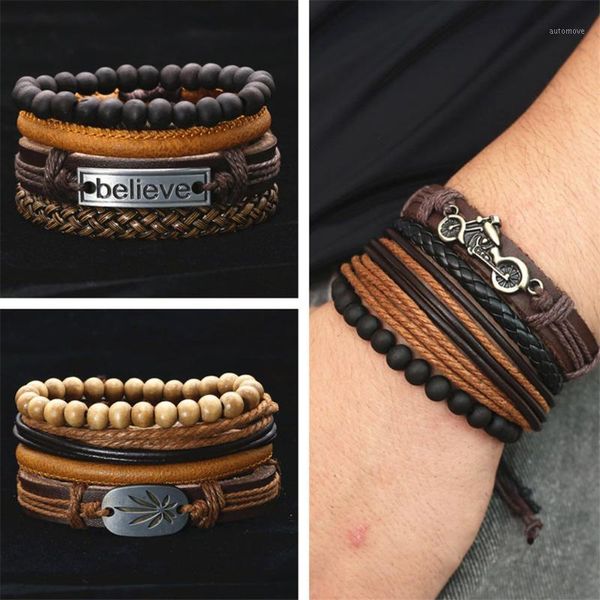 

new believe leaves bike vintage multilayer leather bracelet braided femme homme bead wrap women men bracelets & bangles male1, Golden;silver