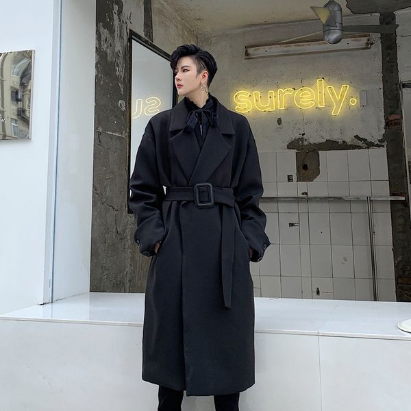 

autumn and winter 2019 new men's dark pioneer personality coat temperament belt drape long windbreaker, Tan;black