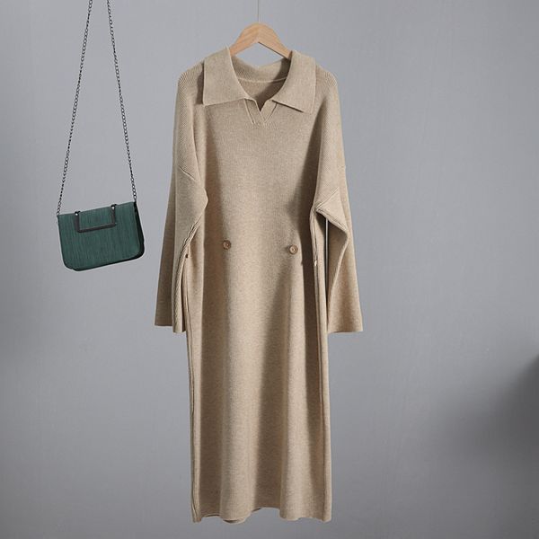 

2021 new oversized autumn winter women turn-down collar button defined waist sweater dresses thick warm pullover midi dress 5gfy, Black;gray