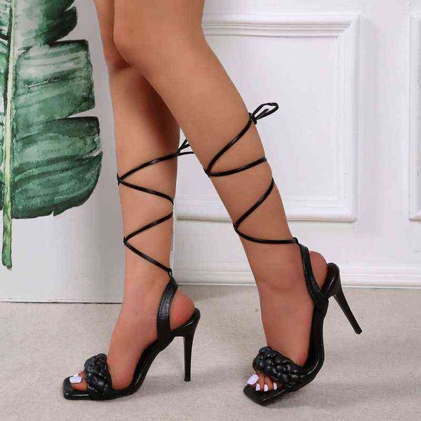 

sandals new summer lace up women square toe heel cross party shoes high heels designer 220310, Black