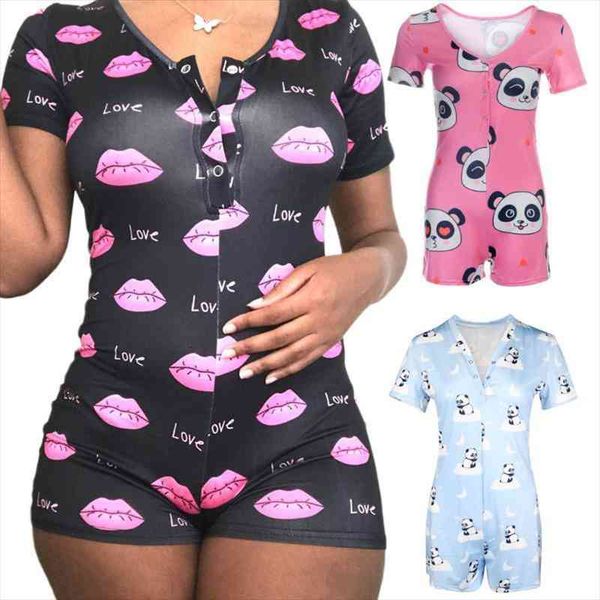 

women v-neck short sleeve bodycon sleepwear romper shorts cartoon print playsuits pajama homewear, Black;white