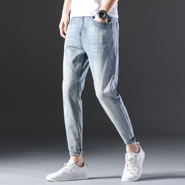 

jeans 2020 summer korean men's slim little feet nine point versatile fashion brand net red, Blue