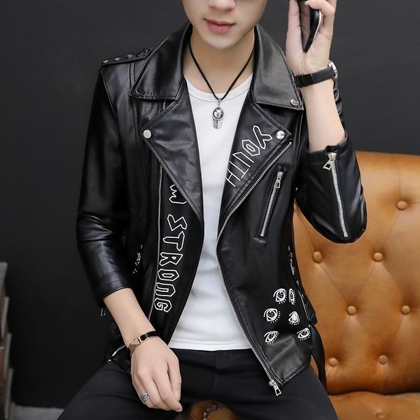 

autumn personality printed mens faux leather jackets motorcycle long sleeve zippers slim night show mens short coats plus size 201026, Black