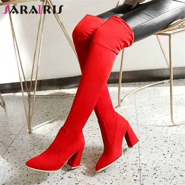 

boots sarairis big size 34-43 female autumn thigh high women pointed toe thick heels over the knee shoes woman1, Black