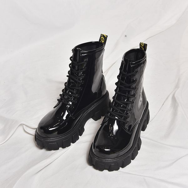 

2020 autumn ankle thick zip girl patent leather shoes women botas mujer lace up short boots new fashion, Red;white