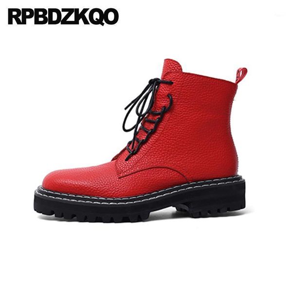 

boots brand 2021 front lace up casual ankle autumn block chunky fur round toe shoes women booties high heel combat red1, Black