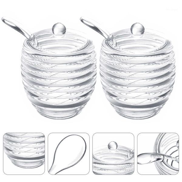 

2pcs acrylic honey jar pot juice honey syrup storage bottle with spoons1